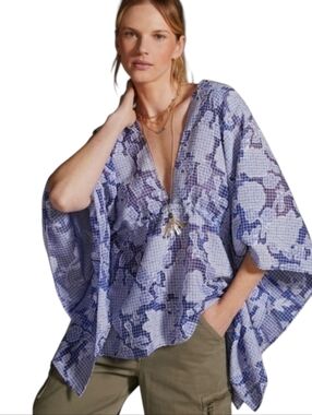 Anthropologie Blue & White Floral & Square Print Tie Front Caftan. One Size